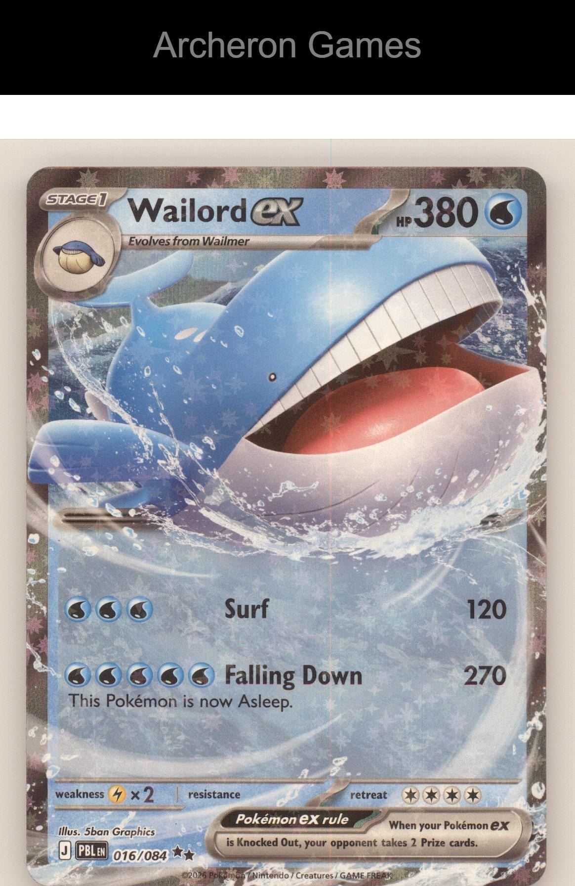 Pokemon Card Wailord ex ME05 016/084 Double Rare Pitch Black Holo