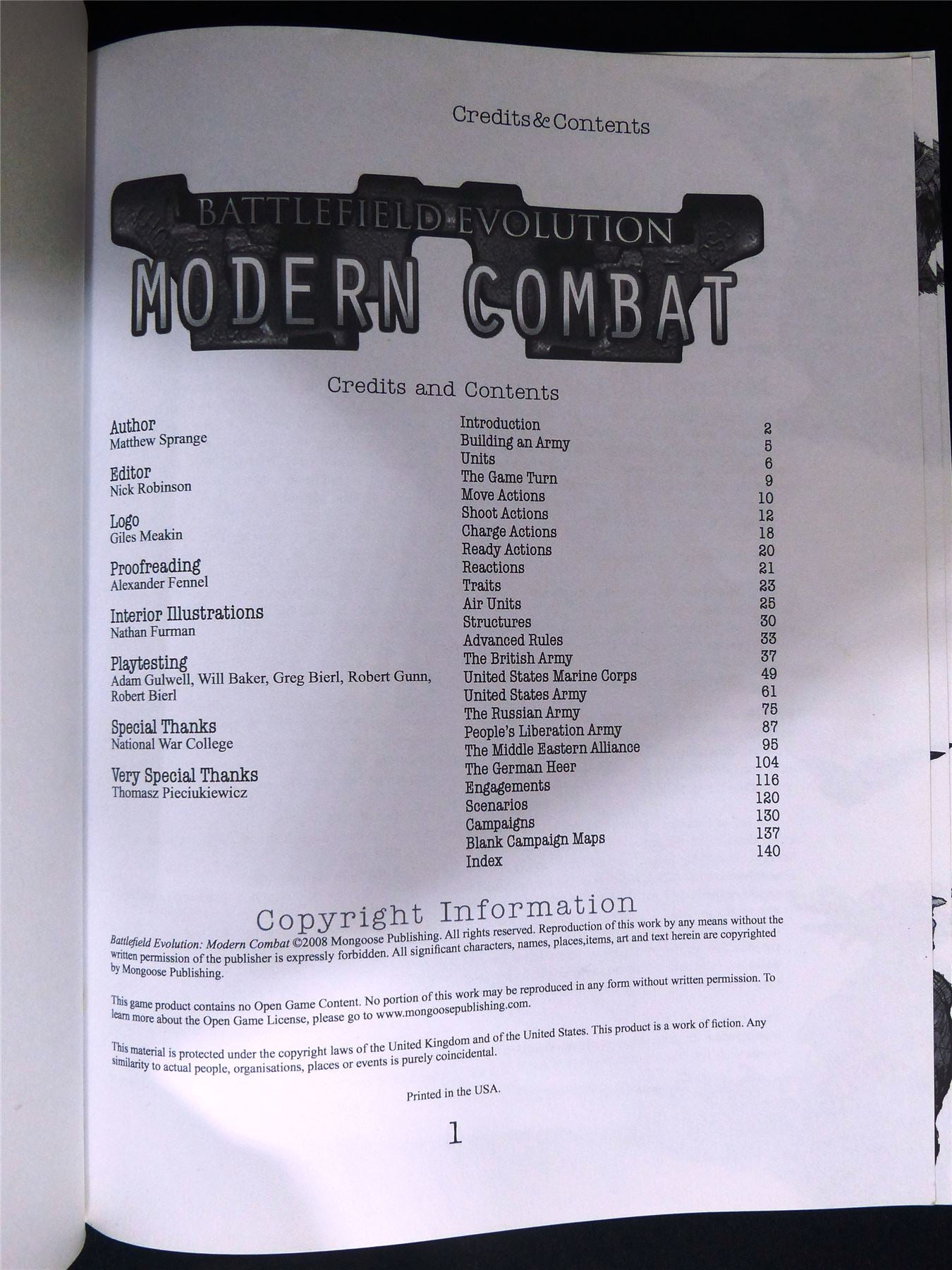 Battlefield Evolution: Modern Combat Miniatures - Mongoose Publishing Rulebook Softback #2V4