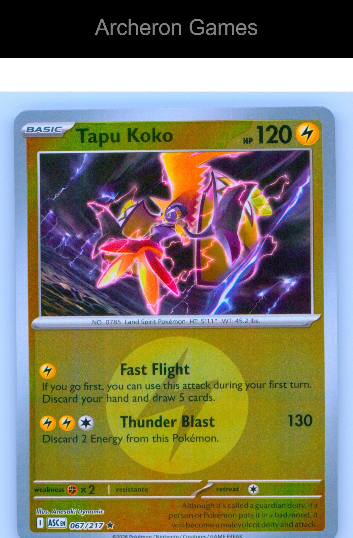 Pokemon Card Tapu Koko (Energy Symbol Pattern) ASC 067/217  Reverse Holo