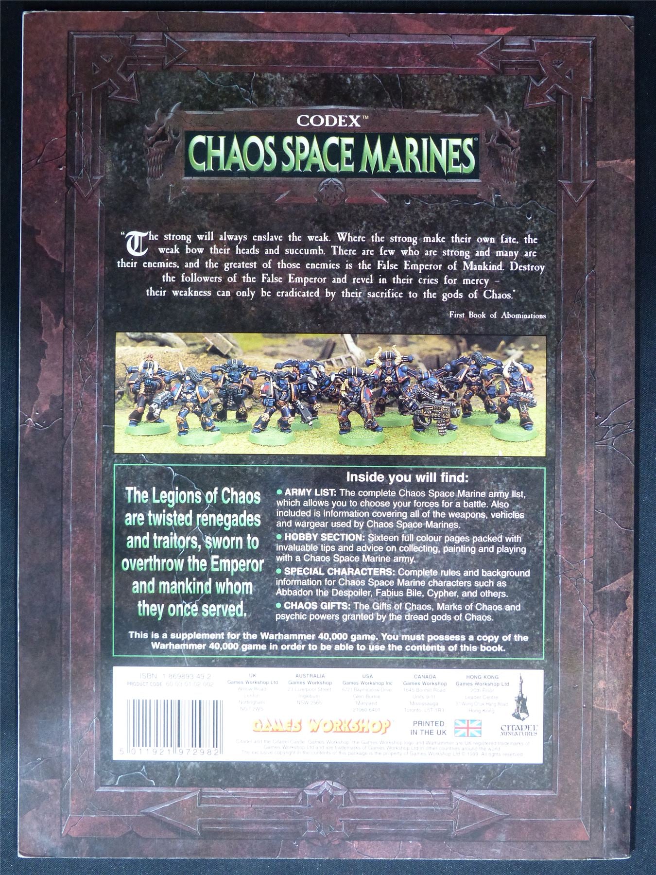 Chaos Space Marines 3rd Edition Codex 1999 Softback - Warhammer 40K #1PB