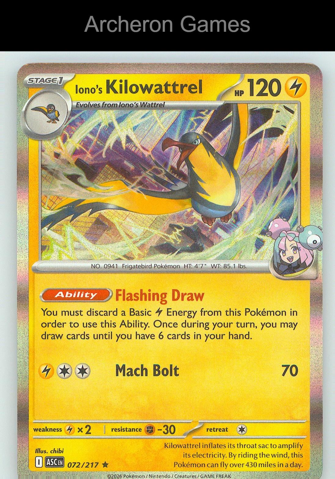 Pokemon Card Iono's Kilowattrel ASC 072/217 R Ascended Heroes Holo