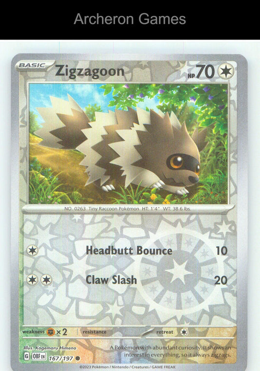 Pokemon Card Zigzagoon OBF 167/197 C Obsidian Flames Reverse Holo