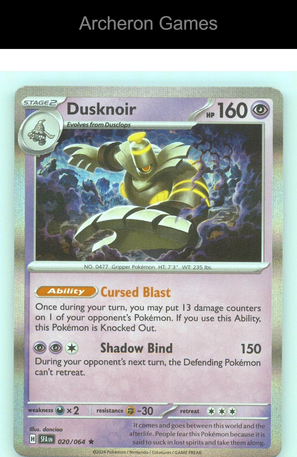 Pokemon Card Dusknoir SFA 020/064 R Shrouded Fable Reverse Holo