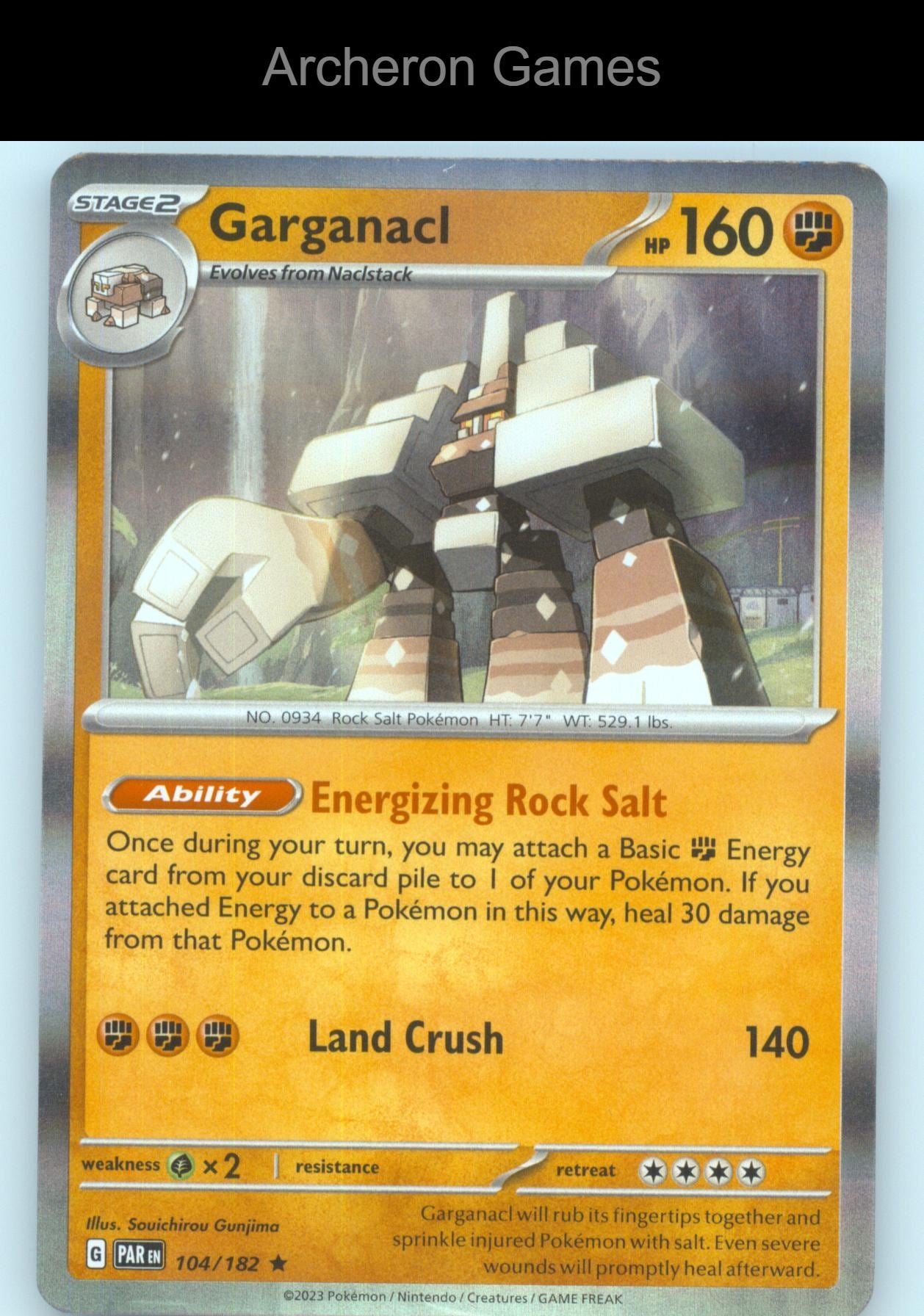 Pokemon Card Garganacl PAR 104/182 R Paradox Rift Holo