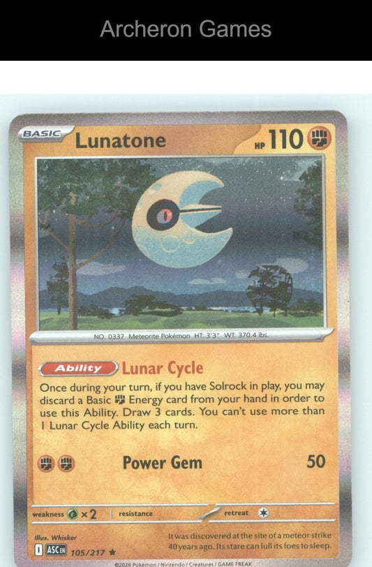 Pokemon Card Lunatone ASC 105/217 R Ascended Heroes Holo