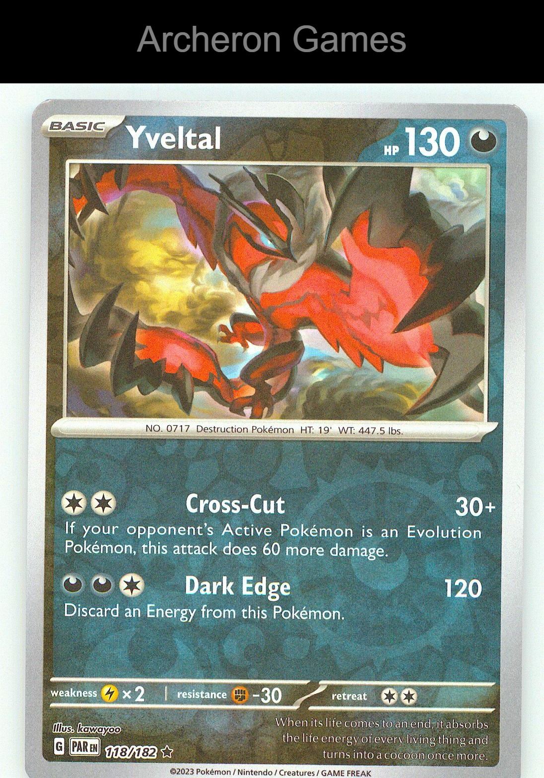 Pokemon Card Yveltal PAR 118/182 R Paradox Rift Reverse Holo