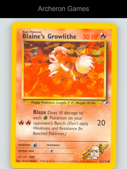 Pokemon Card Blaine's Growlithe G1 62/132 C Gym Heroes Unlimited