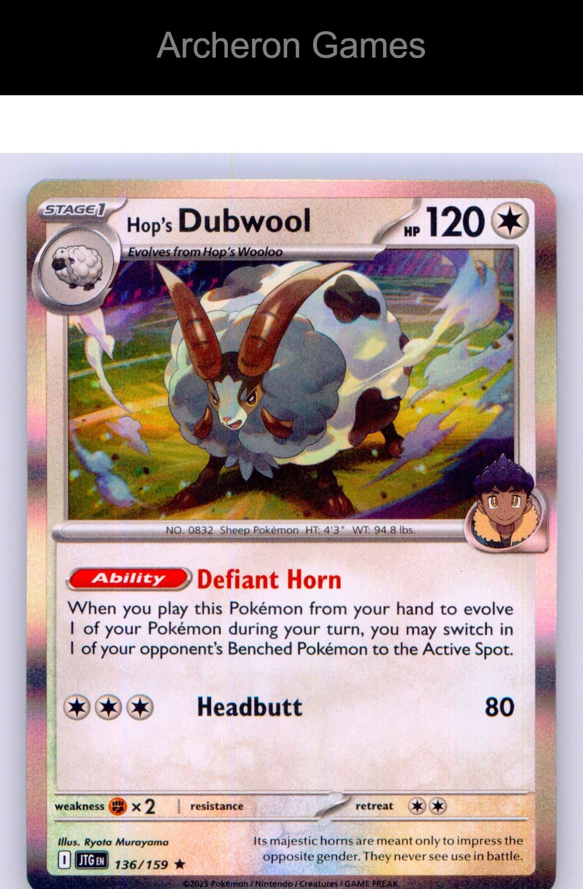 Pokemon Card Hop's Dubwool JTG 136/159 R Journey Together Holo