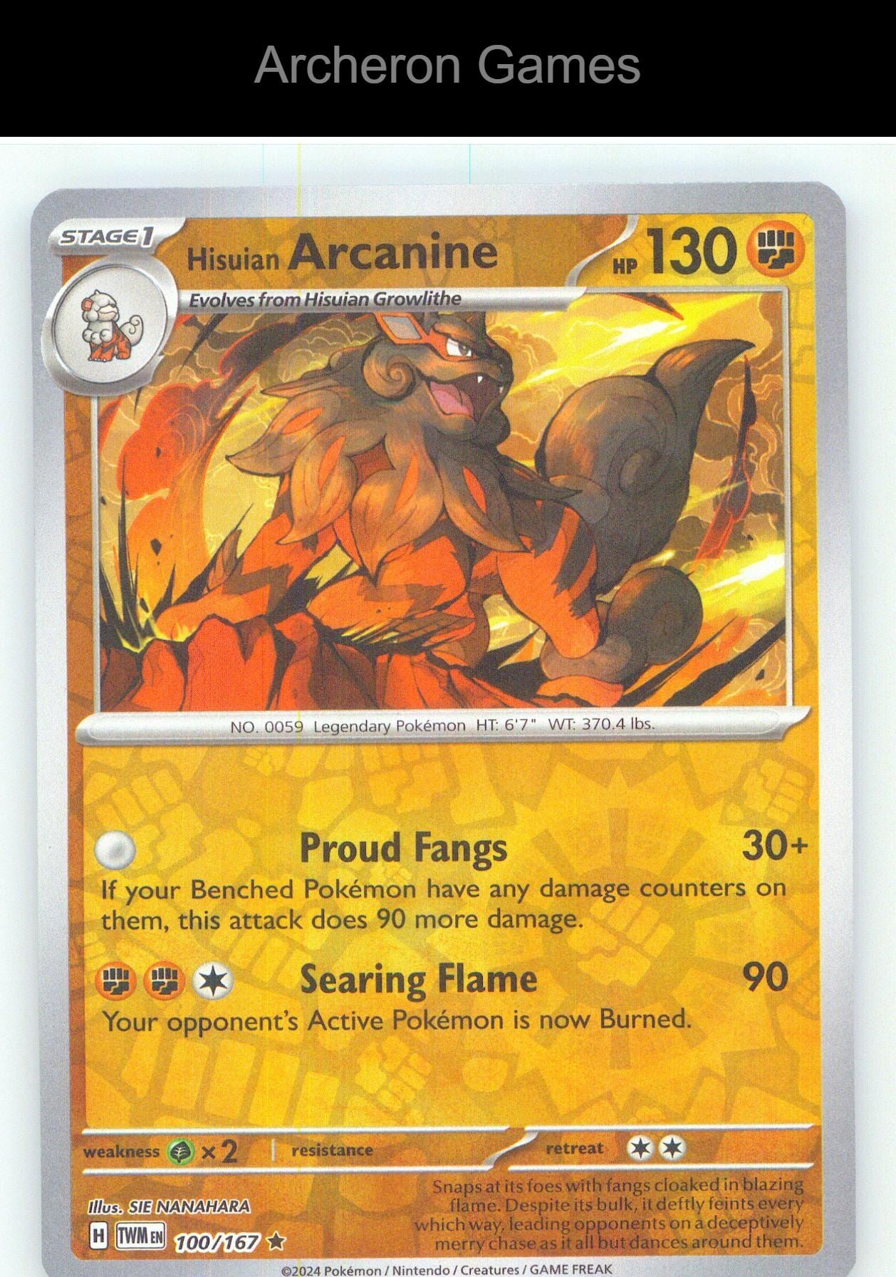 Pokemon Card Hisuian Arcanine TWM 100/167 R Twilight Masquerade Reverse Holo