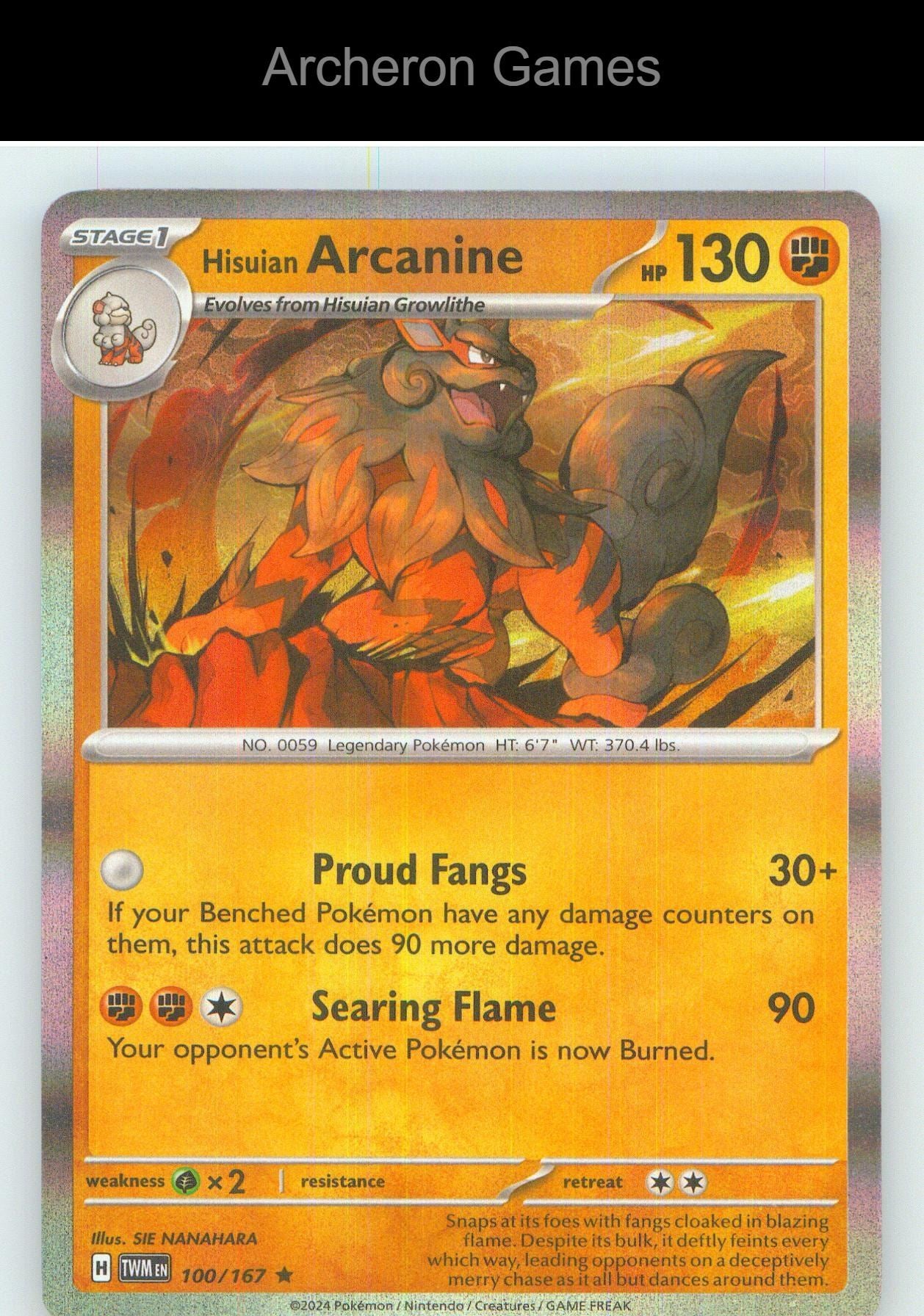 Pokemon Card Hisuian Arcanine TWM 100/167 R Twilight Masquerade Holo