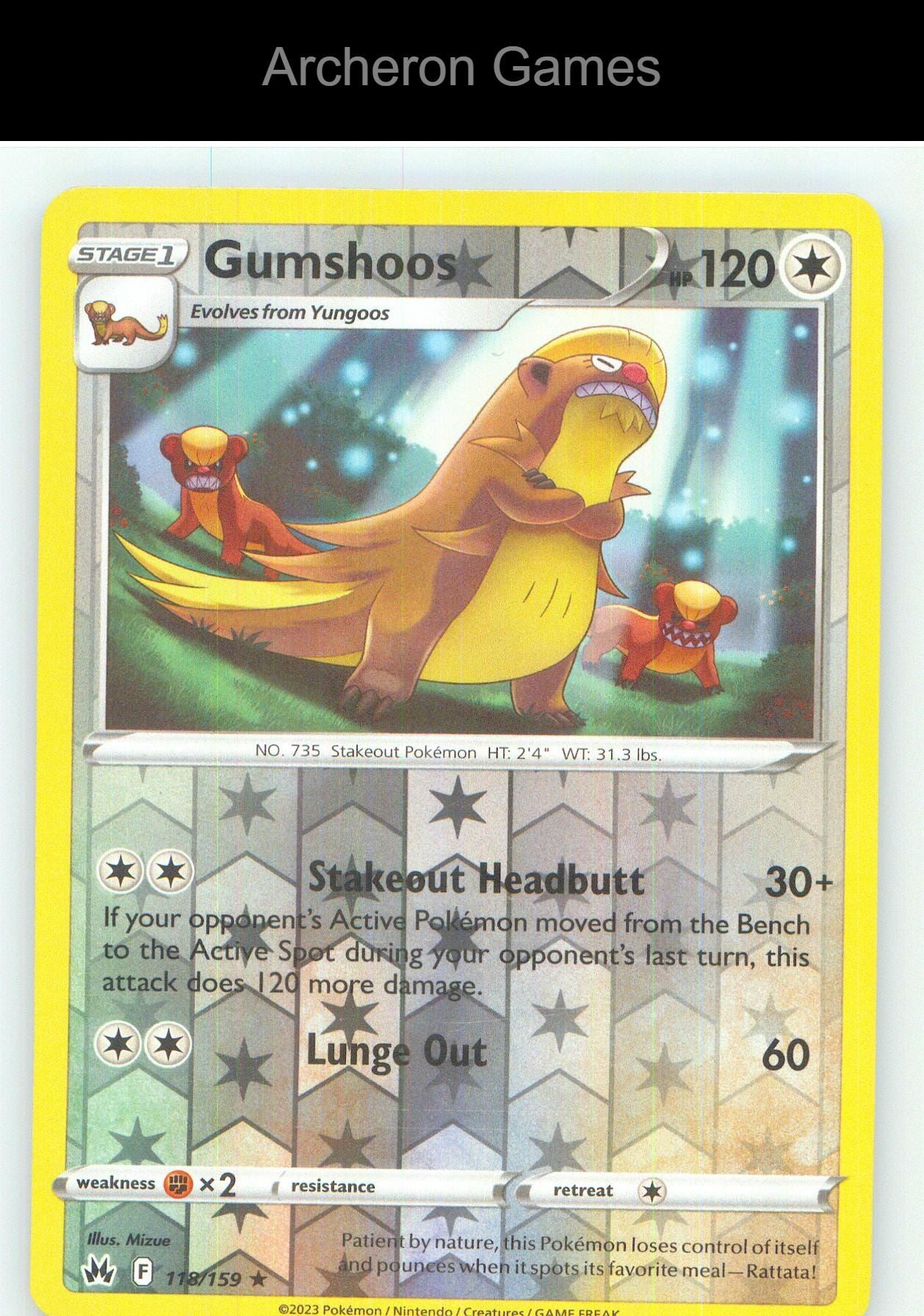 Pokemon Card Gumshoos CRZ 118/159 R Crown Zenith Reverse Holo
