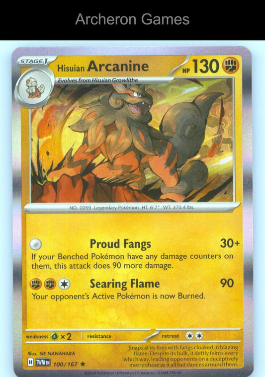 Pokemon Card Hisuian Arcanine TWM 100/167 R Twilight Masquerade Holo