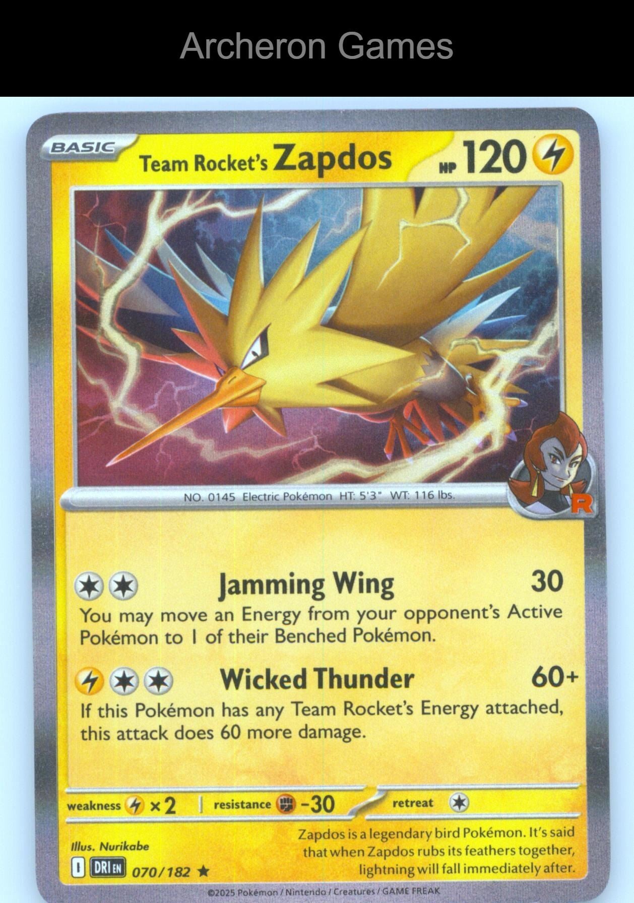 Pokemon Card Team Rocket's Zapdos (Cosmos Holo) MCAP 070/182 Misc Cards
