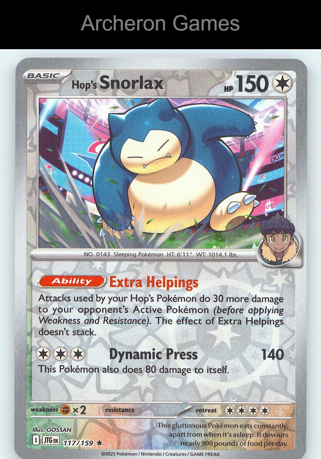 Pokemon Card Hop's Snorlax JTG 117/159 R Journey Together Reverse Holo