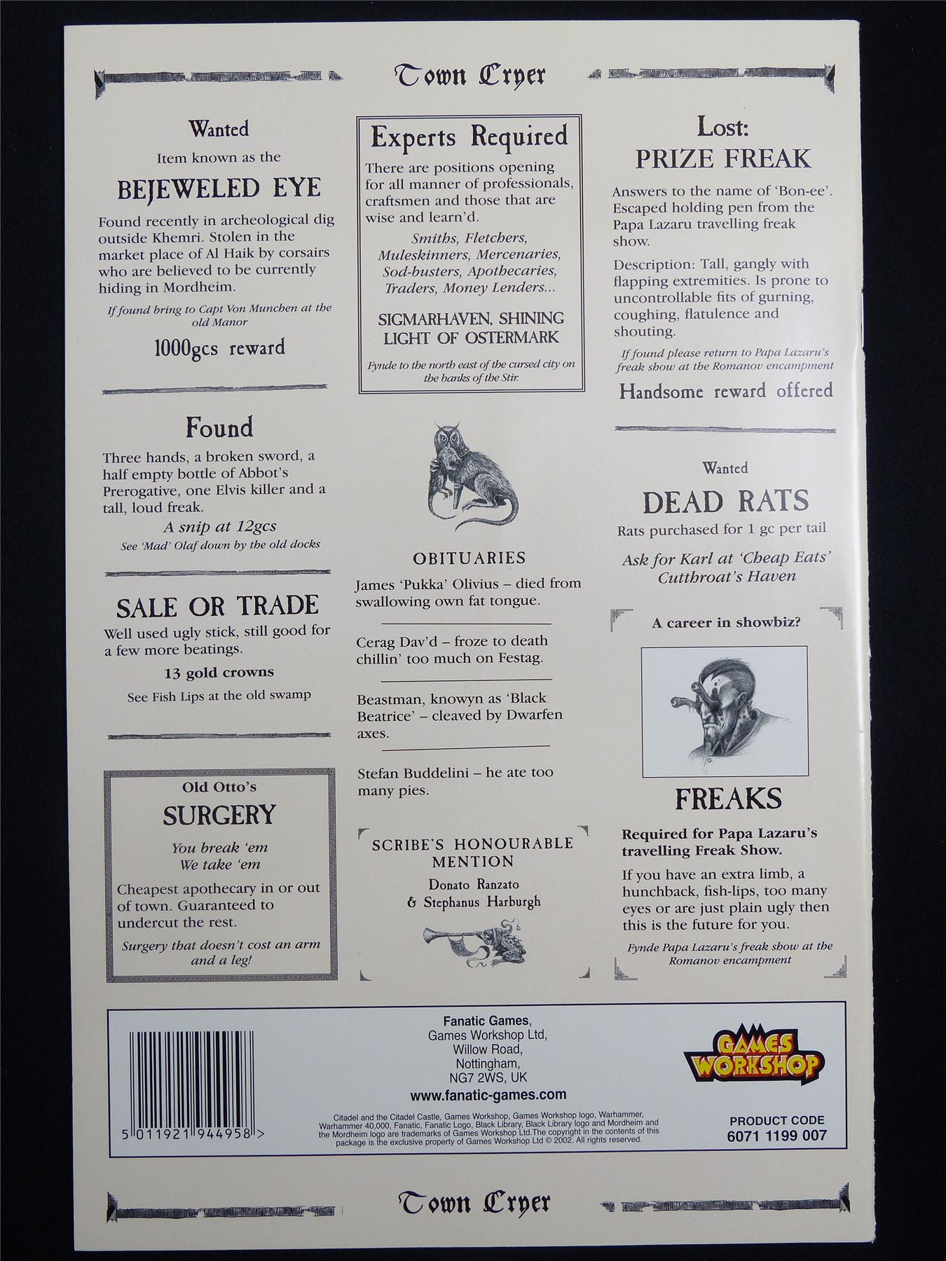 Mordheim: Town Cryer #19 Bring Out yer Dead! - Games Workshop Magazine #1N4