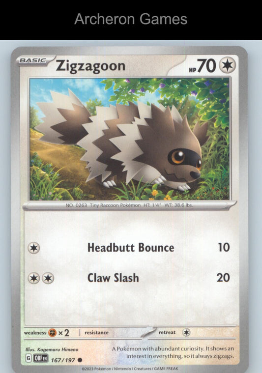 Pokemon Card Zigzagoon OBF 167/197 C Obsidian Flames