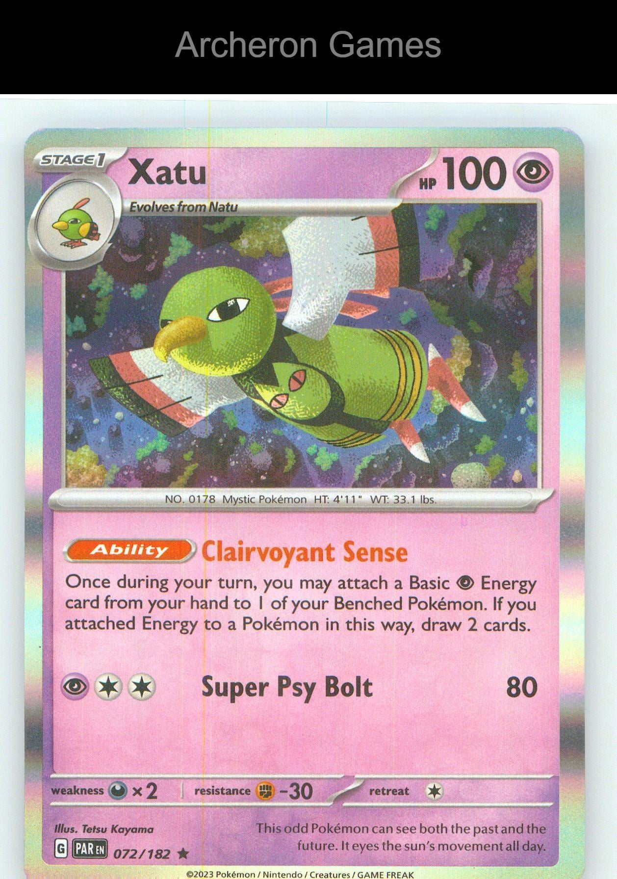 Pokemon Card Xatu PAR 072/182 R Paradox Rift Holo