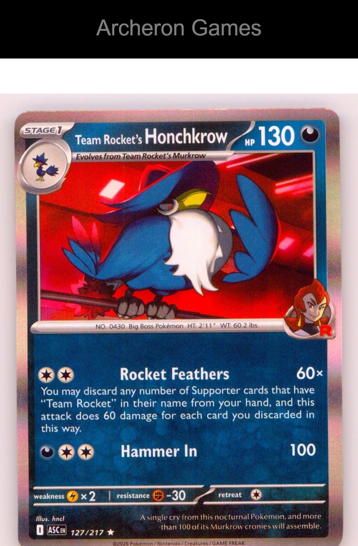Pokemon Card Team Rocket's Honchkrow ASC 127/217 R Ascended Heroes Holo