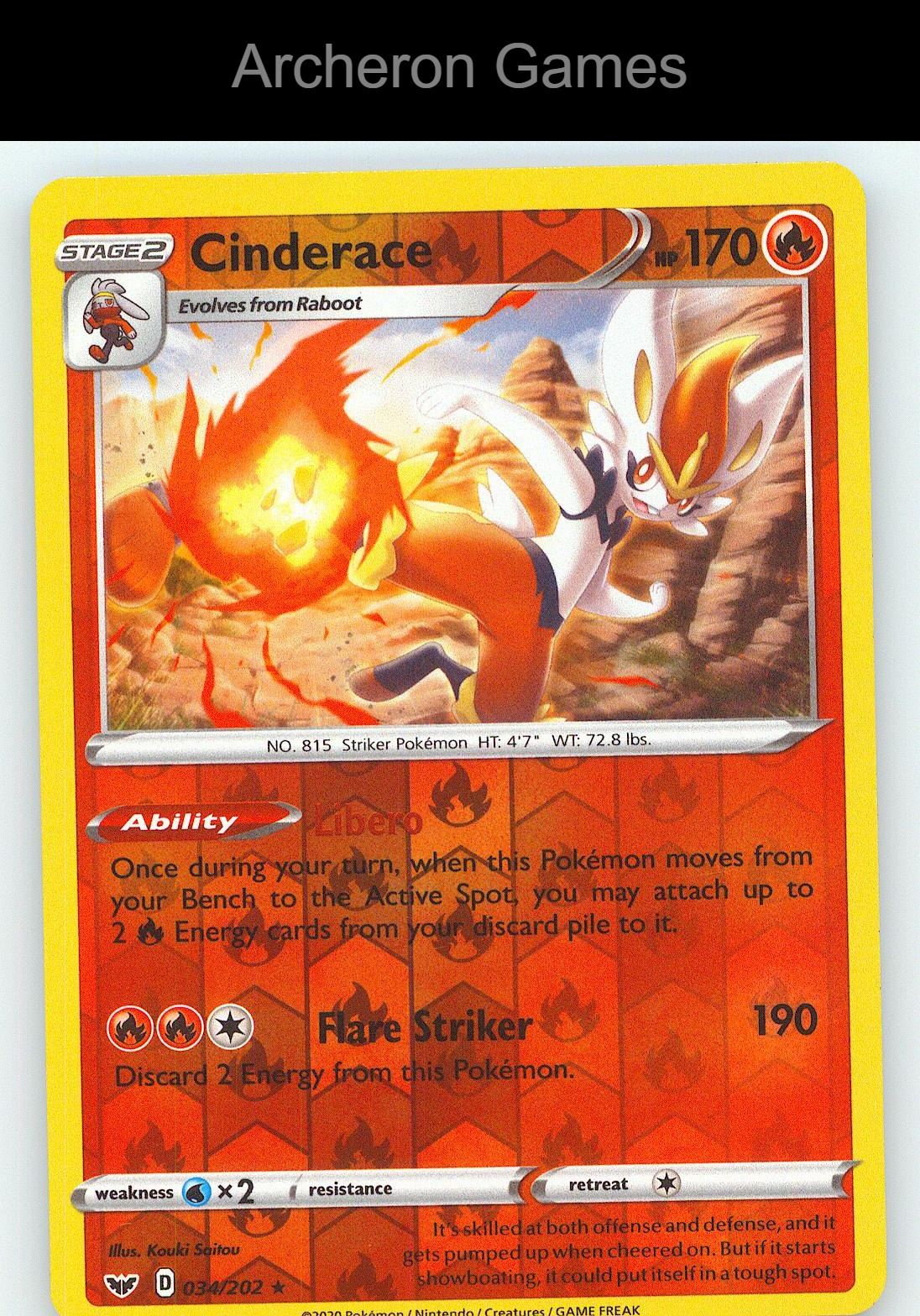 Pokemon Card Cinderace SSH 034/202 R Sword & Shield Reverse Holo