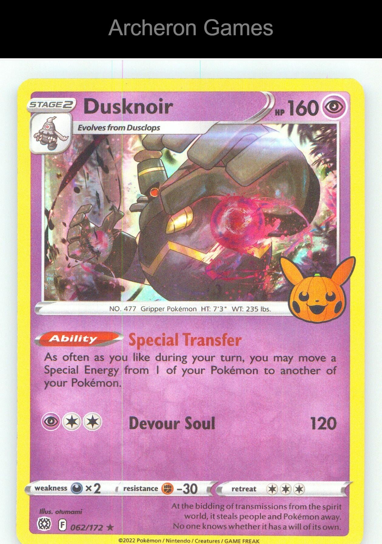 Pokemon Card Dusknoir TTBB 062/172 HOLO P Trick or Trade BOOster