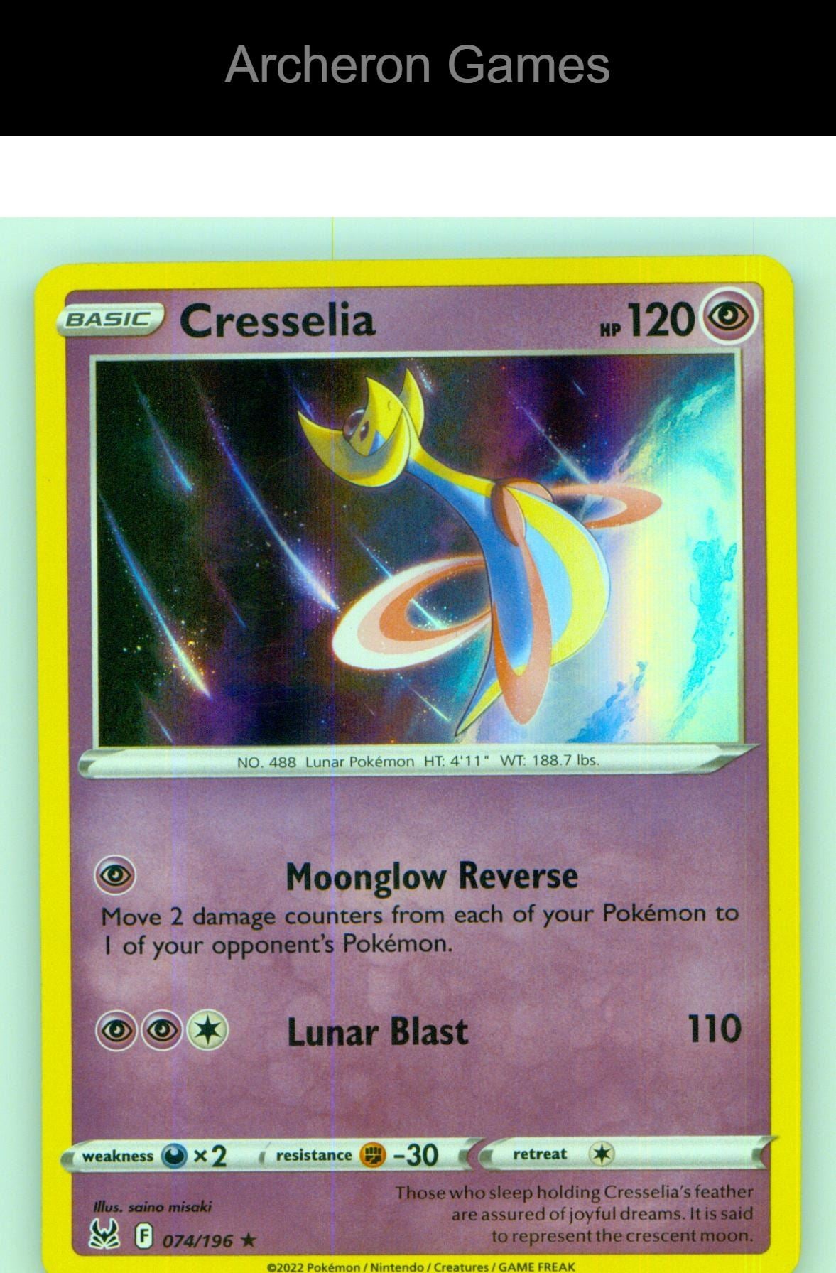 Pokemon Card Cresselia LOR 074/196 HOLO R Lost Origin