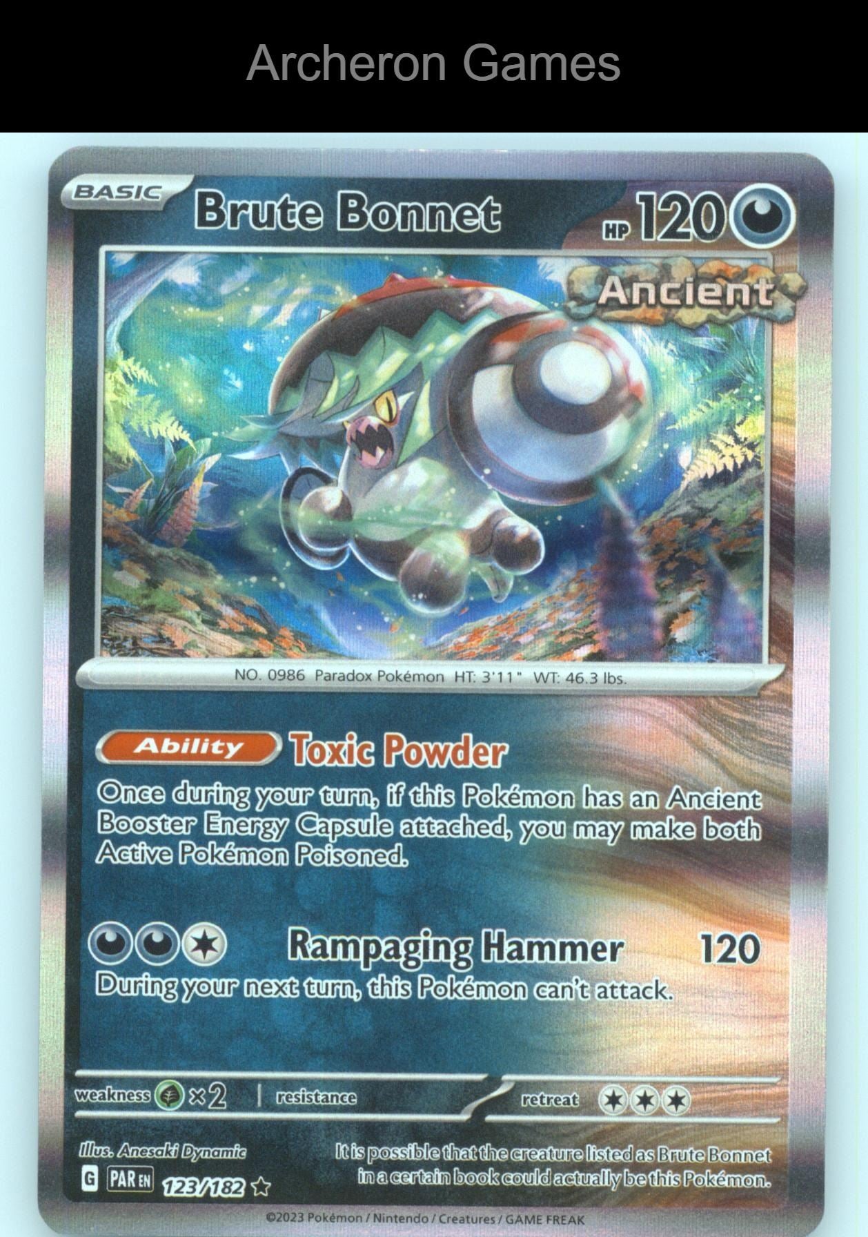 Pokemon Card Brute Bonnet PAR 123/182 R Paradox Rift Holo
