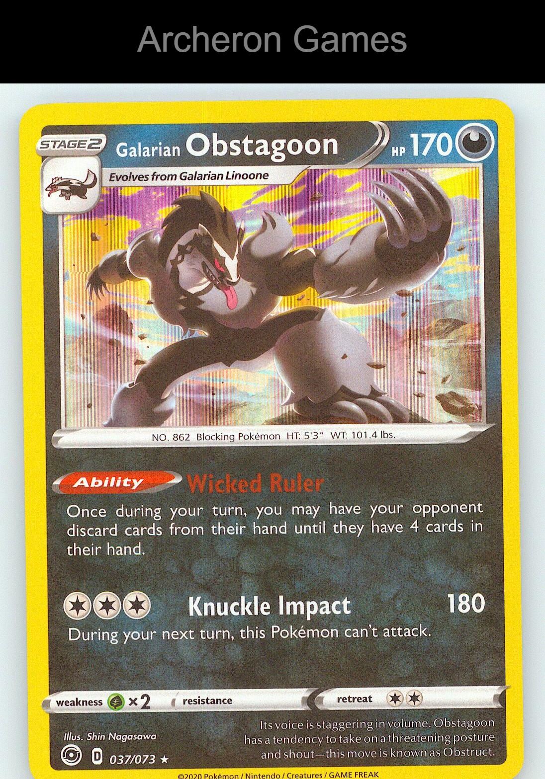 Pokemon Card Galarian Obstagoon CPA 037/073 Line Holo R Champion's Path