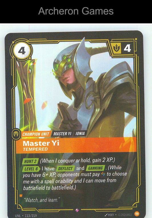 Master Yi - Tempered UNL 113/219 R Unleashed Riftbound Card