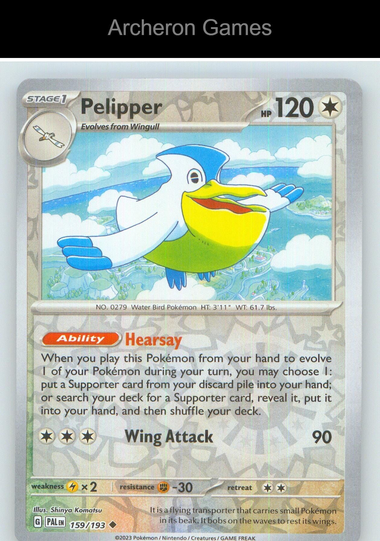 Pokemon Card Pelipper PAL 159/193 UC Paldea Evolved Reverse Holo