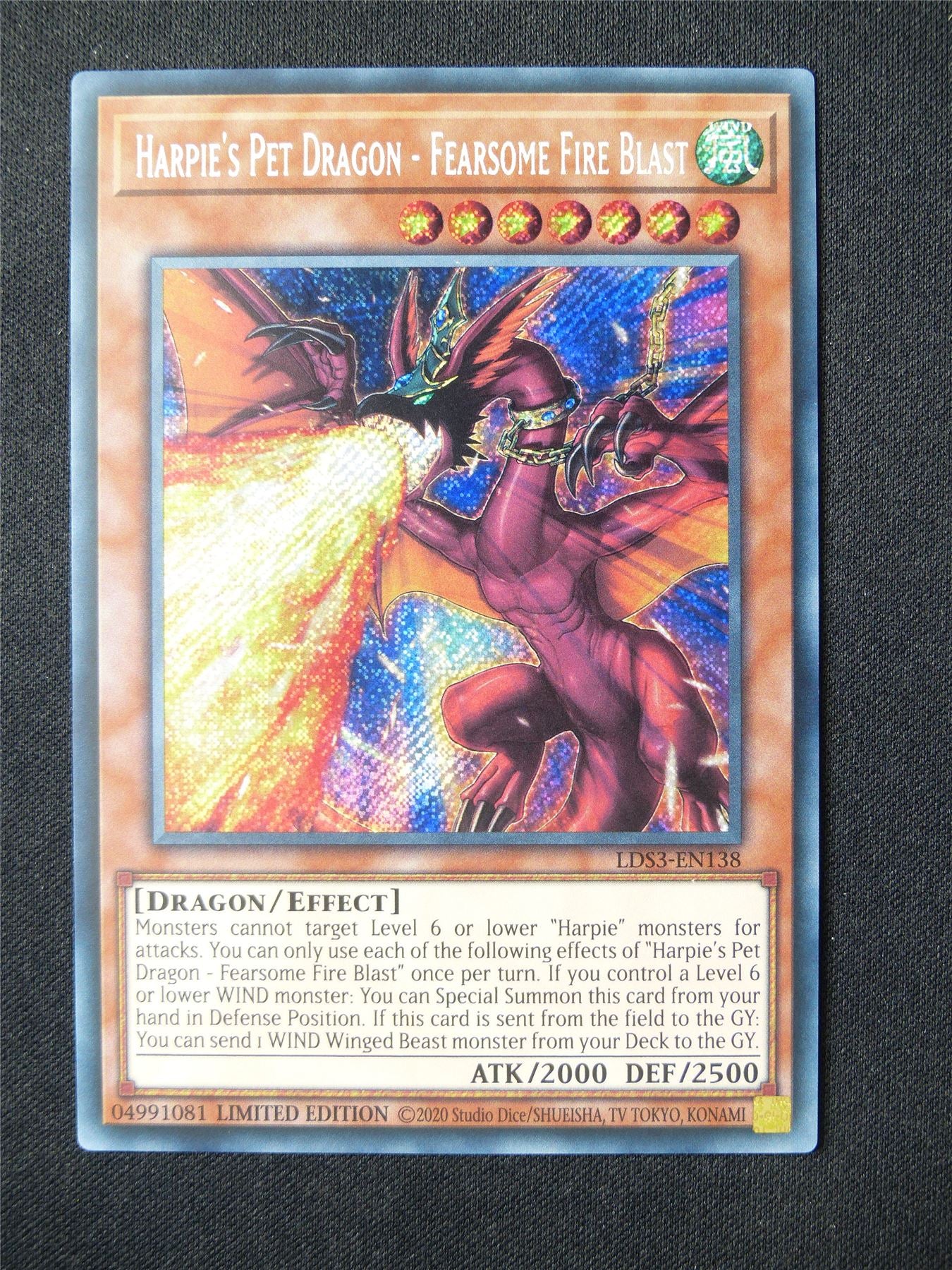 Harpie's Pet Dragon - Fearsome Fire Blast LDS3 Secret Rare - lim ed Yugioh Card #5GR