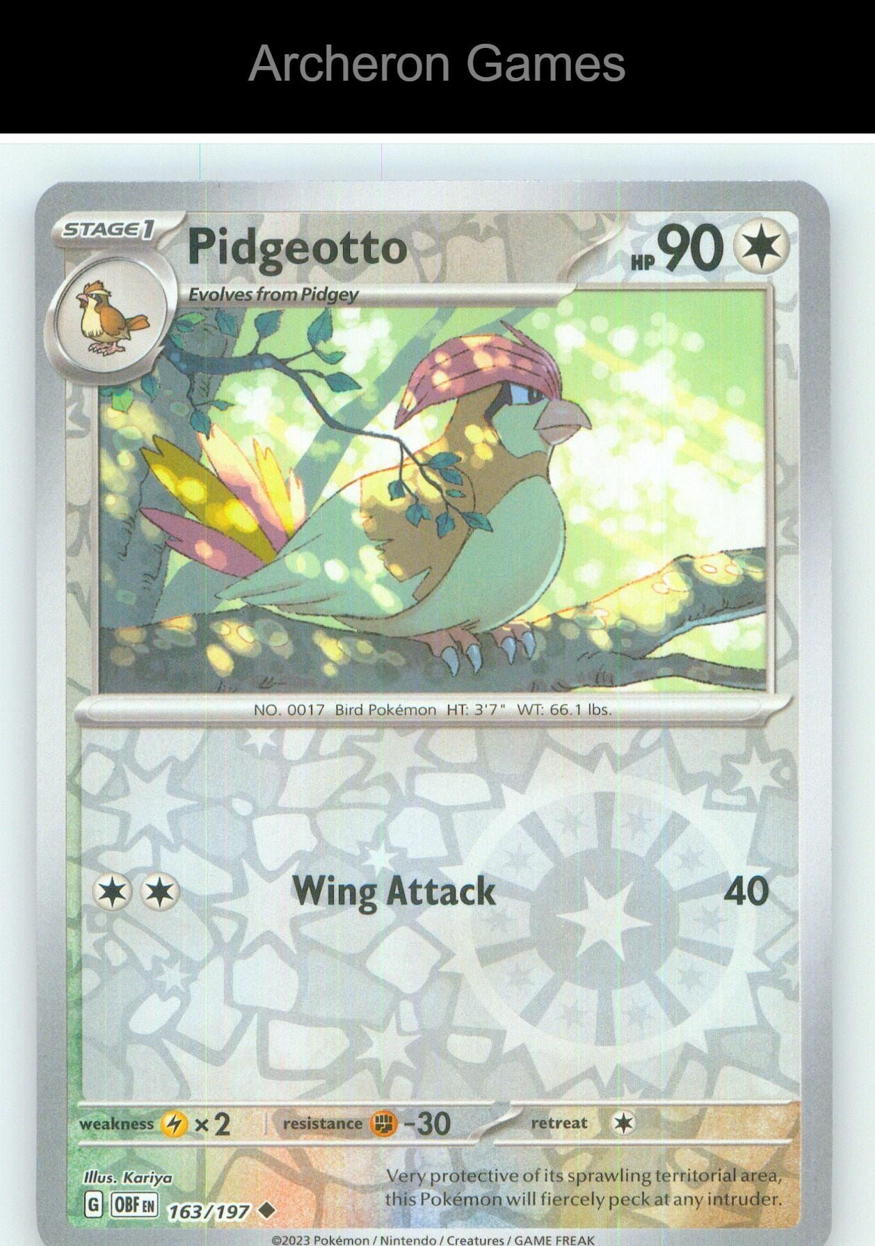 Pokemon Card Pidgeotto OBF 163/197 UC Obsidian Flames Reverse Holo