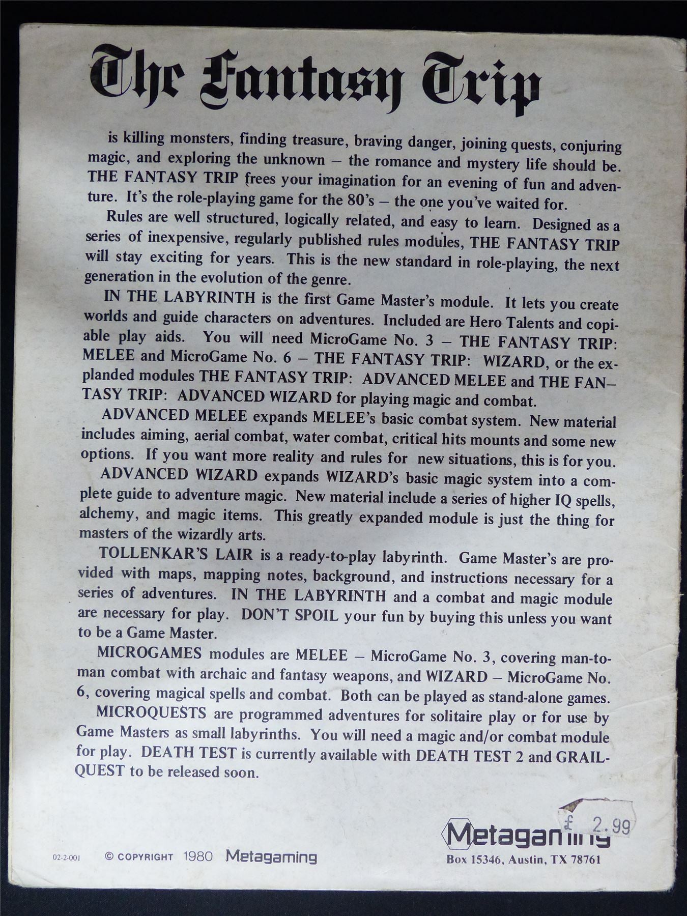 Tollenkar's Lair Adventure Supplement: The Fantasy Trip - Metagaming Booklet #2MU