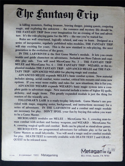 Tollenkar's Lair Adventure Supplement: The Fantasy Trip - Metagaming Booklet #2MU