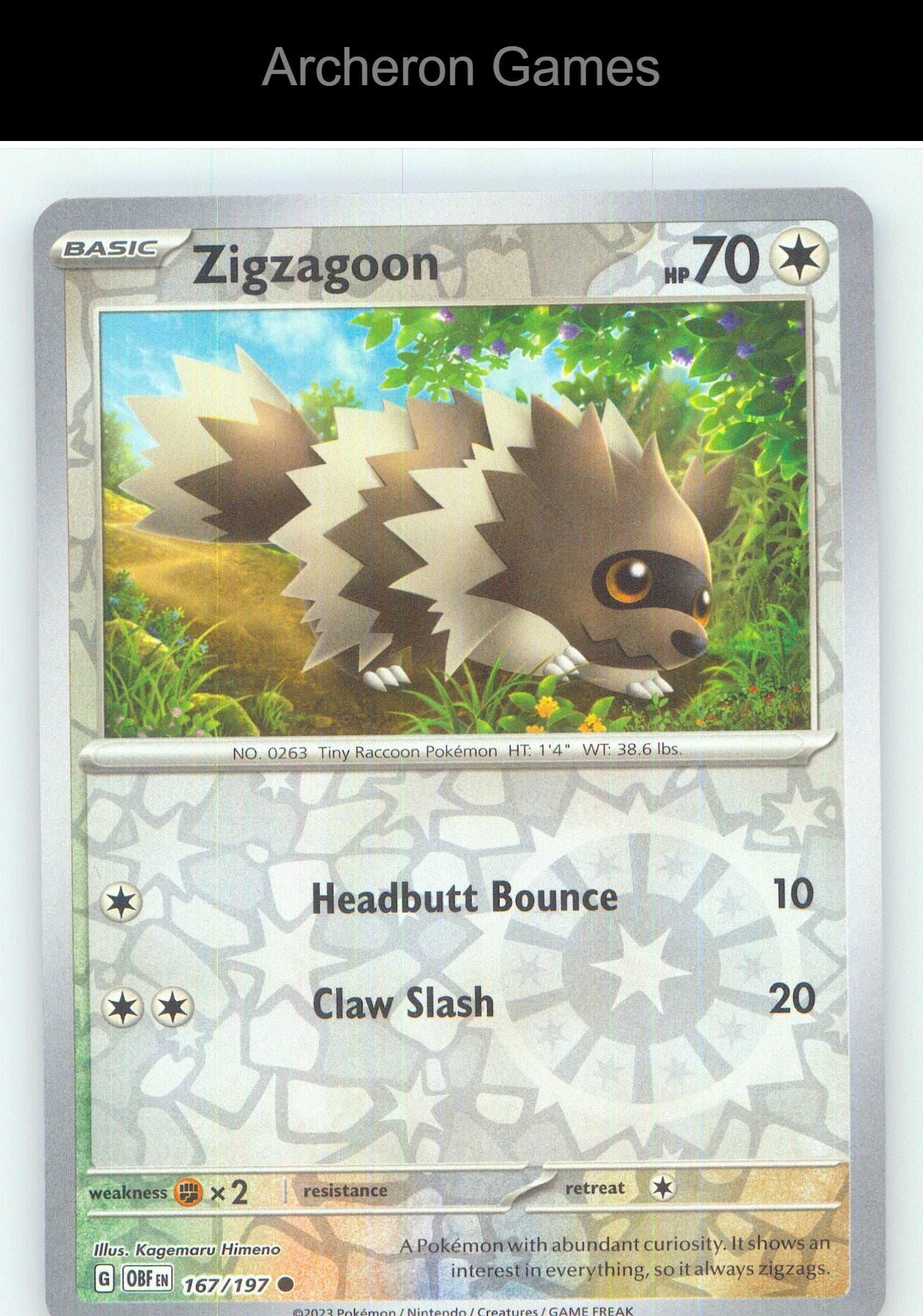 Pokemon Card Zigzagoon OBF 167/197 C Obsidian Flames Reverse Holo